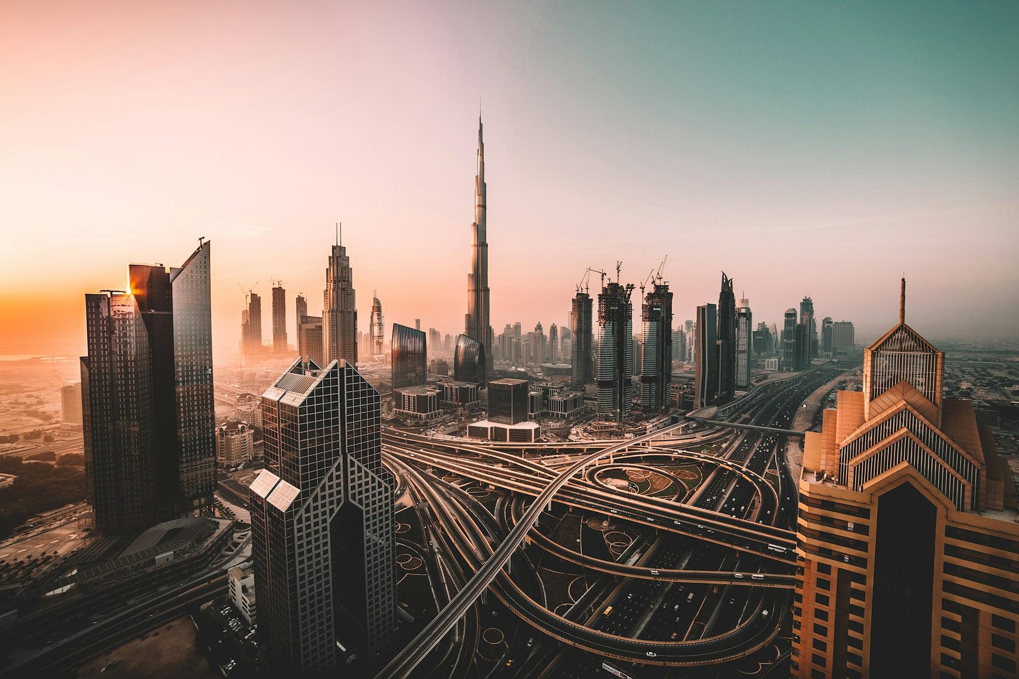 The Dubai skyline at sunset